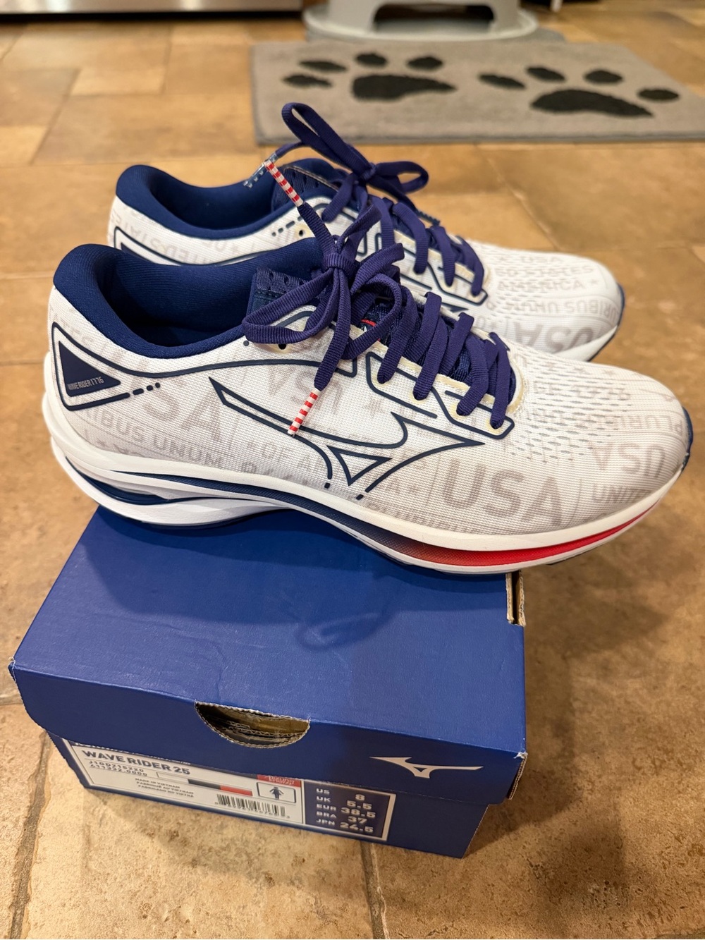 Mizuno women’s Wave Rider 25 USA White, Navy & Red Accent